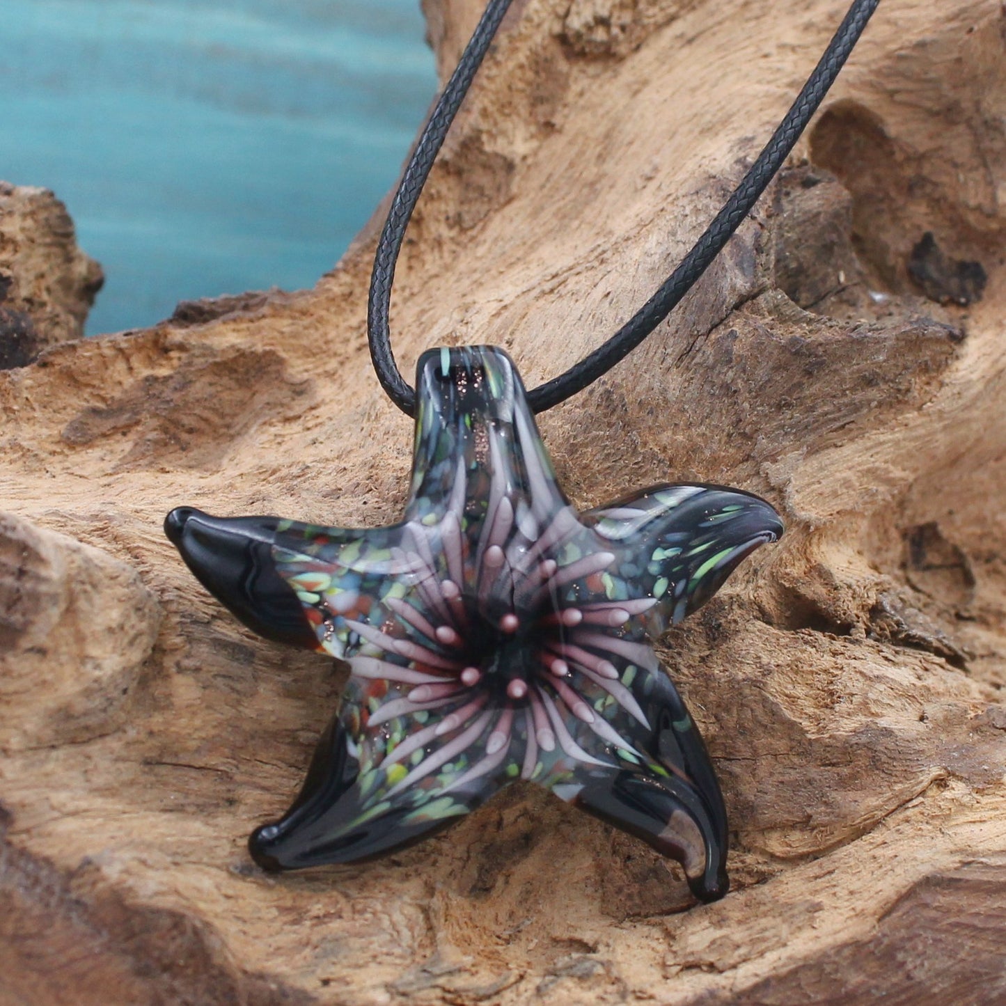 BESHEEK Handmade Murano Inspired Blown Glass Lampwork Art Pink "Blooming Starfish" Necklace Pendant ? Handcrafted Artisan Hypoallergenic Italian Style Jewelry