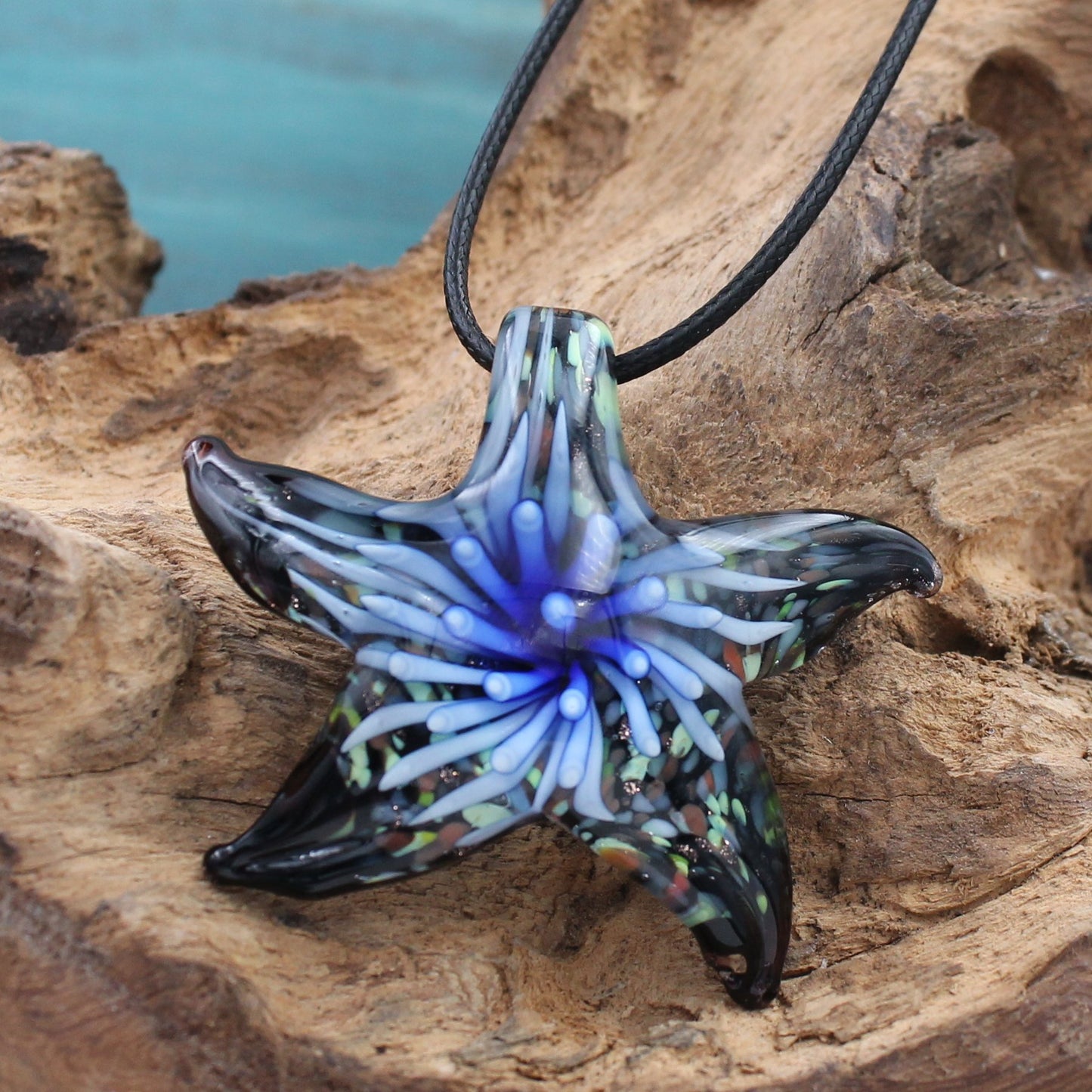 BESHEEK Handmade Murano Inspired Blown Glass Lampwork Art Blue "Blooming Starfish" Necklace Pendant ? Handcrafted Artisan Hypoallergenic Italian Style Jewelry