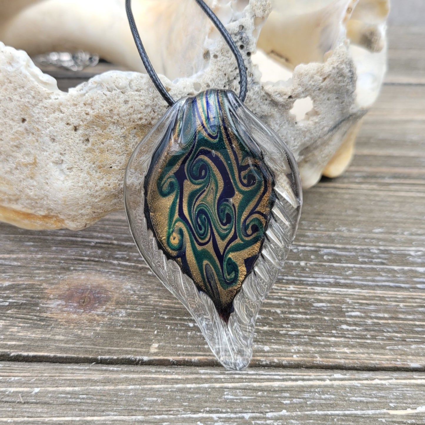 BESHEEK Handmade Murano Inspired Blown Glass Lampwork Art Clear and Goldsand with Teal Swirl Glass Pendant? Handcrafted Artisan Hypoallergenic Italian Style Jewelry