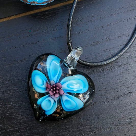 BESHEEK Handmade Murano Inspired Blown Glass Lampwork Art Heart Flower Aqua Blue and Purple Glass Pendant│ Handcrafted Artisan Hypoallergenic Italian Style Jewelry
