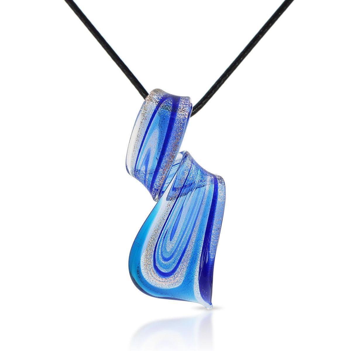 BESHEEK Handmade Murano Inspired Blown Glass Lampwork Art Murano-inspired Swirl Aqua & Royal Glass Pendant Necklace? Handcrafted Artisan Hypoallergenic Italian Style Jewelry