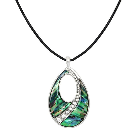 BESHEEK Silvertone and Abalone teardrop with rhinestone Pendant Necklace? Handmade Hypoallergenic Boho Beach Gala Wedding Style Fashion Jewelry