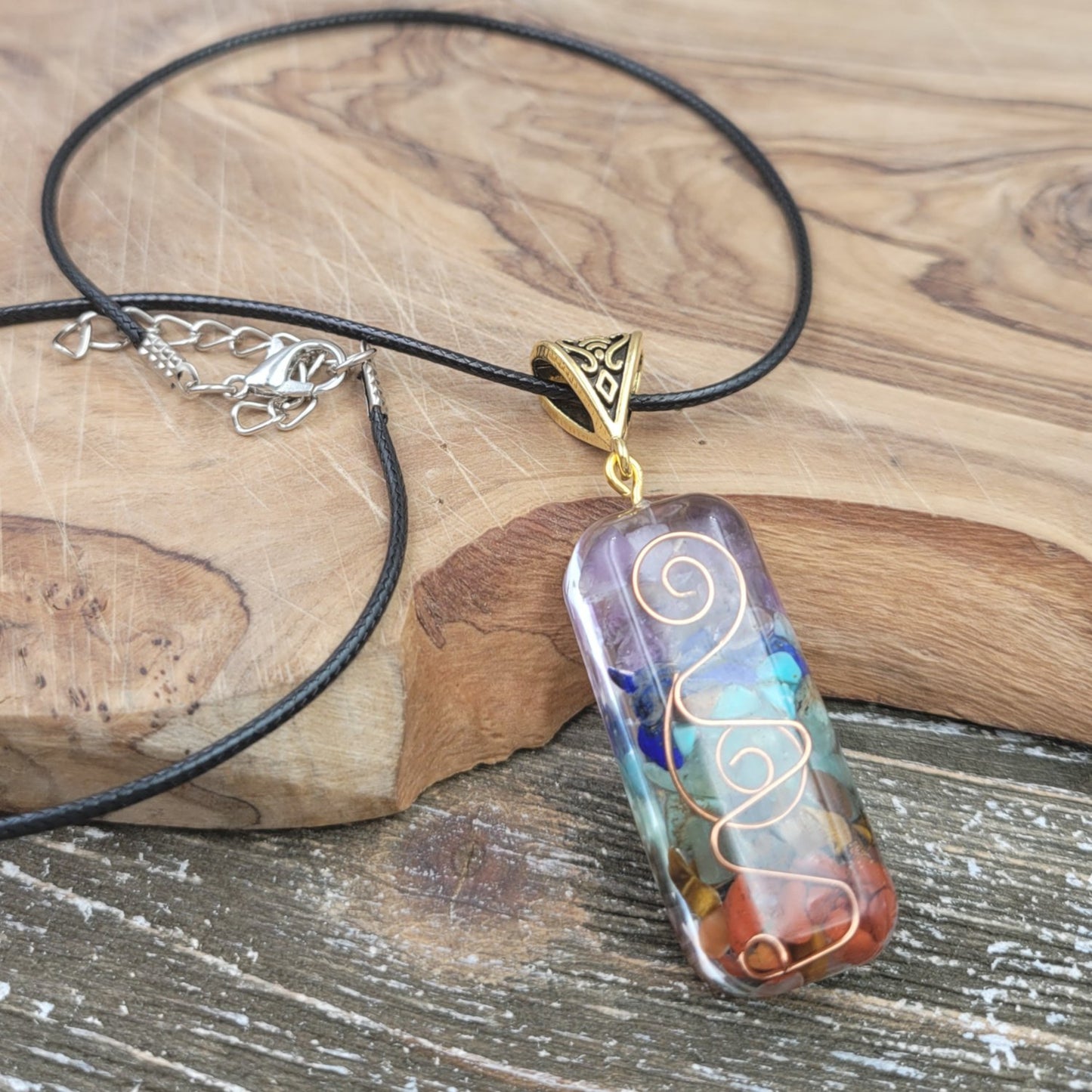 BESHEEK Rainbow Gemstone Chakra Clear Rectangle Resin Pendant Necklace? Handmade Hypoallergenic Boho Beach Gala Wedding Style Fashion Jewelry