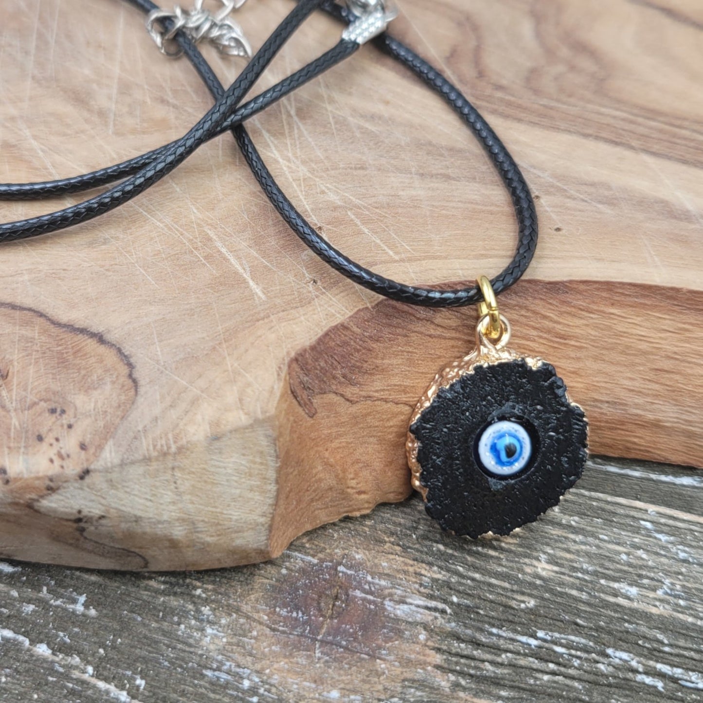 BESHEEK Gold-edged Black Druzy-Style Evil Eye Resin Pendant Necklace? Handmade Hypoallergenic Boho Beach Gala Wedding Style Fashion Jewelry