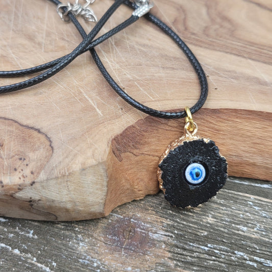 BESHEEK Gold-edged Black Druzy-Style Evil Eye Resin Pendant Necklace? Handmade Hypoallergenic Boho Beach Gala Wedding Style Fashion Jewelry