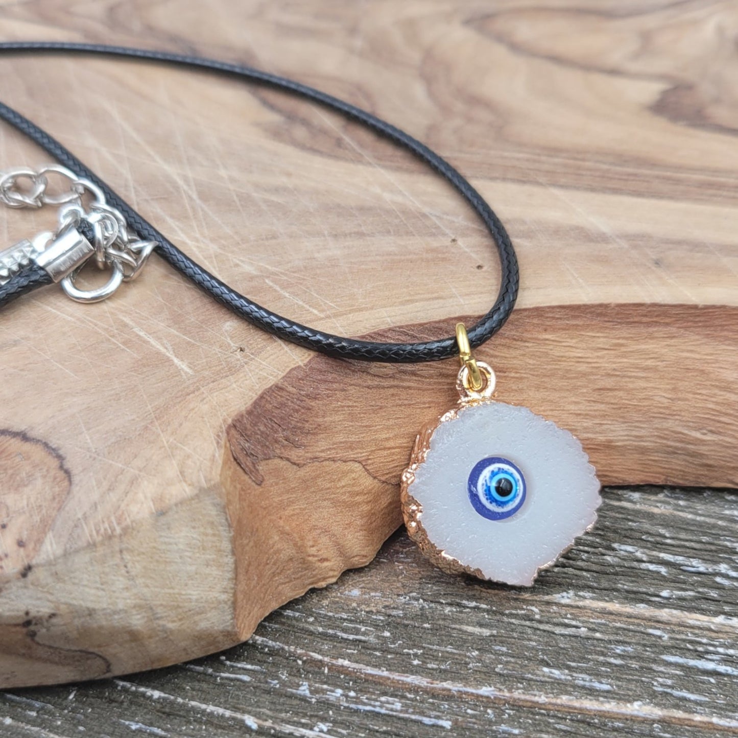 BESHEEK Gold-edged White Druzy-Style Evil Eye Resin Pendant Necklace? Handmade Hypoallergenic Boho Beach Gala Wedding Style Fashion Jewelry