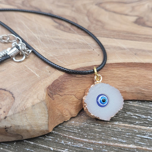 BESHEEK Gold-edged Blue Druzy-Style Evil Eye Resin Pendant Necklace? Handmade Hypoallergenic Boho Beach Gala Wedding Style Fashion Jewelry