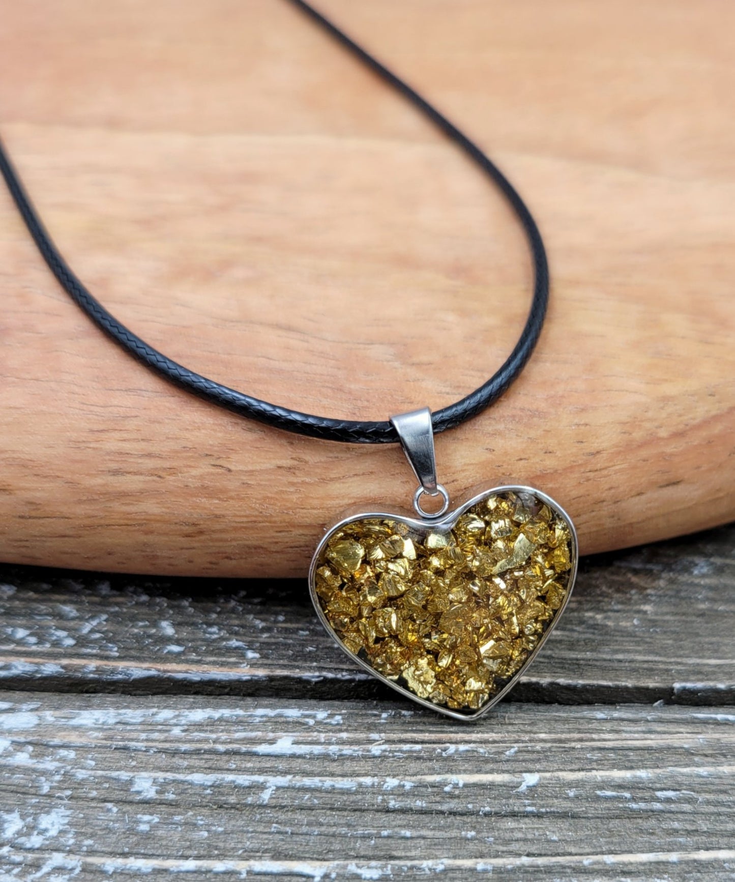BESHEEK Gold Pyrite stone captured in Resin Heart Pendant Necklace? Handmade Hypoallergenic Boho Beach Gala Wedding Style Fashion Jewelry