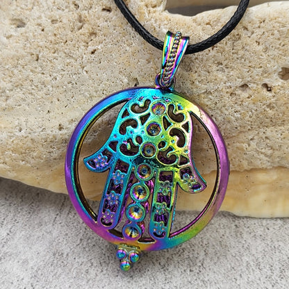 BESHEEK Rainbow Hamsa Cage Locket Pendant? Handmade Hypoallergenic Boho Beach Gala Wedding Style Fashion Jewelry