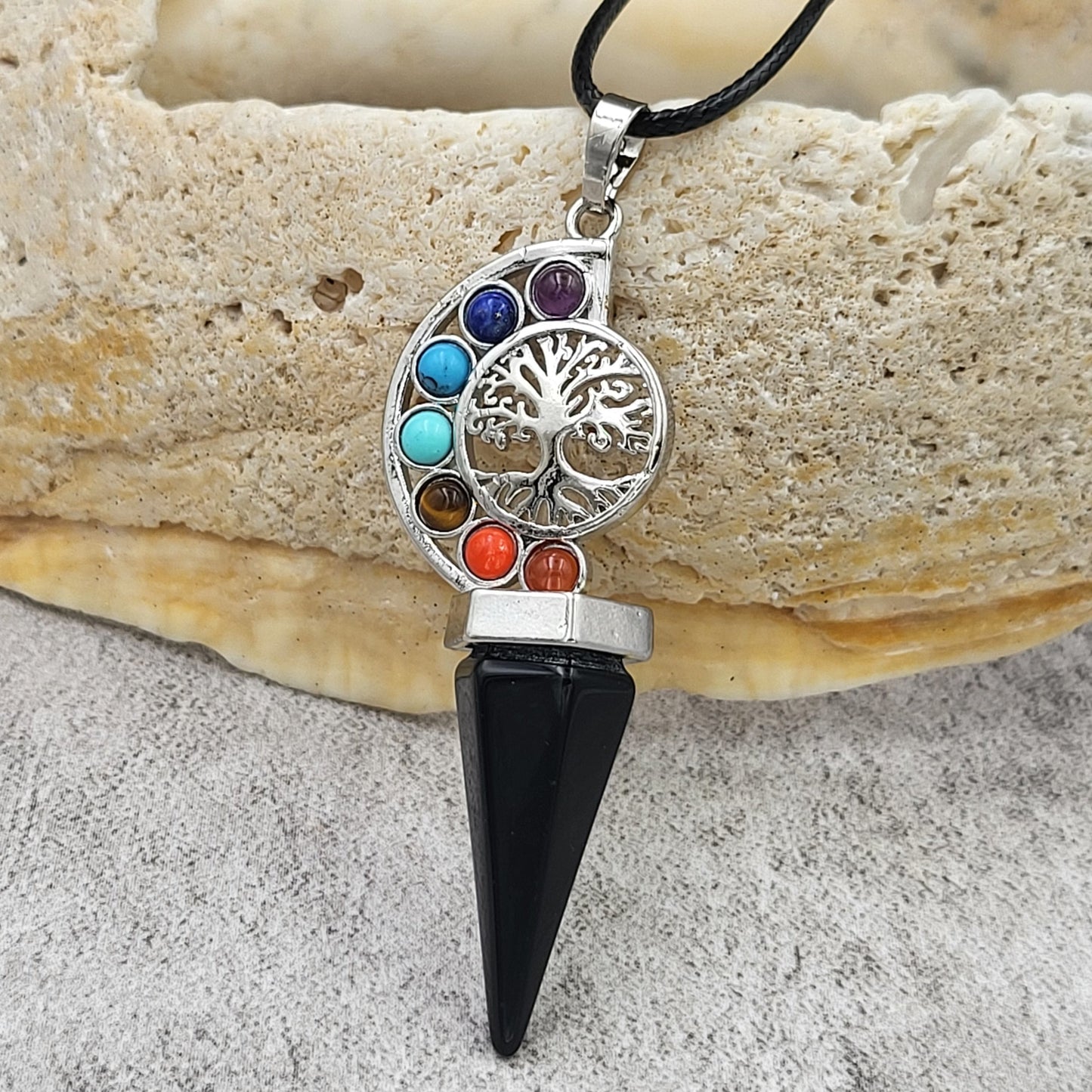 BESHEEK Silvertone and Obsidian Chakra Point Pendant? Handmade Hypoallergenic Boho Beach Gala Wedding Style Fashion Jewelry
