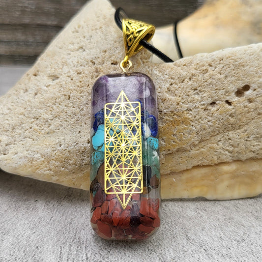BESHEEK Rainbow Chakra Sacred Geometry Rectangle Resin Pendant? Handmade Hypoallergenic Boho Beach Gala Wedding Style Fashion Jewelry