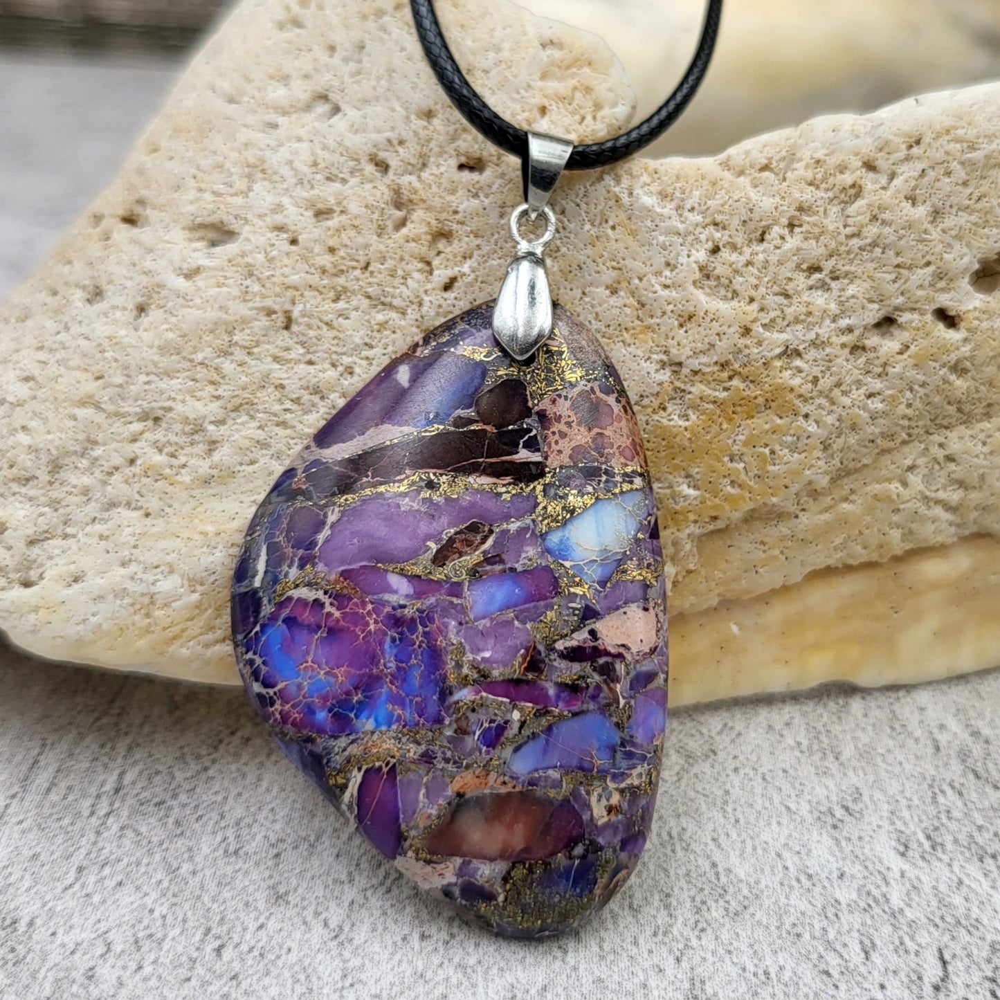 BESHEEK Purple Mosiac Sea Sediment Jasper Trapezoid Pendant? Handmade Hypoallergenic Boho Beach Gala Wedding Style Fashion Jewelry