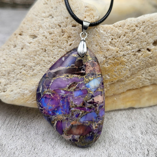 BESHEEK Purple Mosiac Sea Sediment Jasper Trapezoid Pendant? Handmade Hypoallergenic Boho Beach Gala Wedding Style Fashion Jewelry