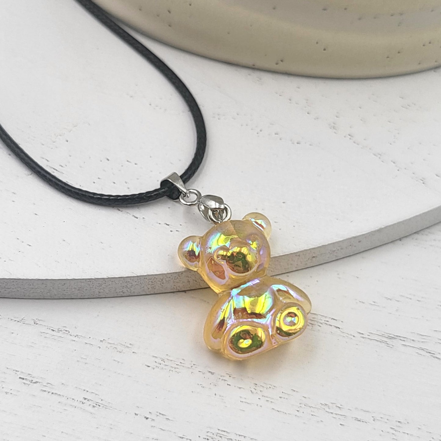 BESHEEK Silvertone and Orange Resin Gummy Bear Pendant Necklace | Hypoallergenic Boho Kitchsy Artistic Funky Cute Style Fashion Necklace
