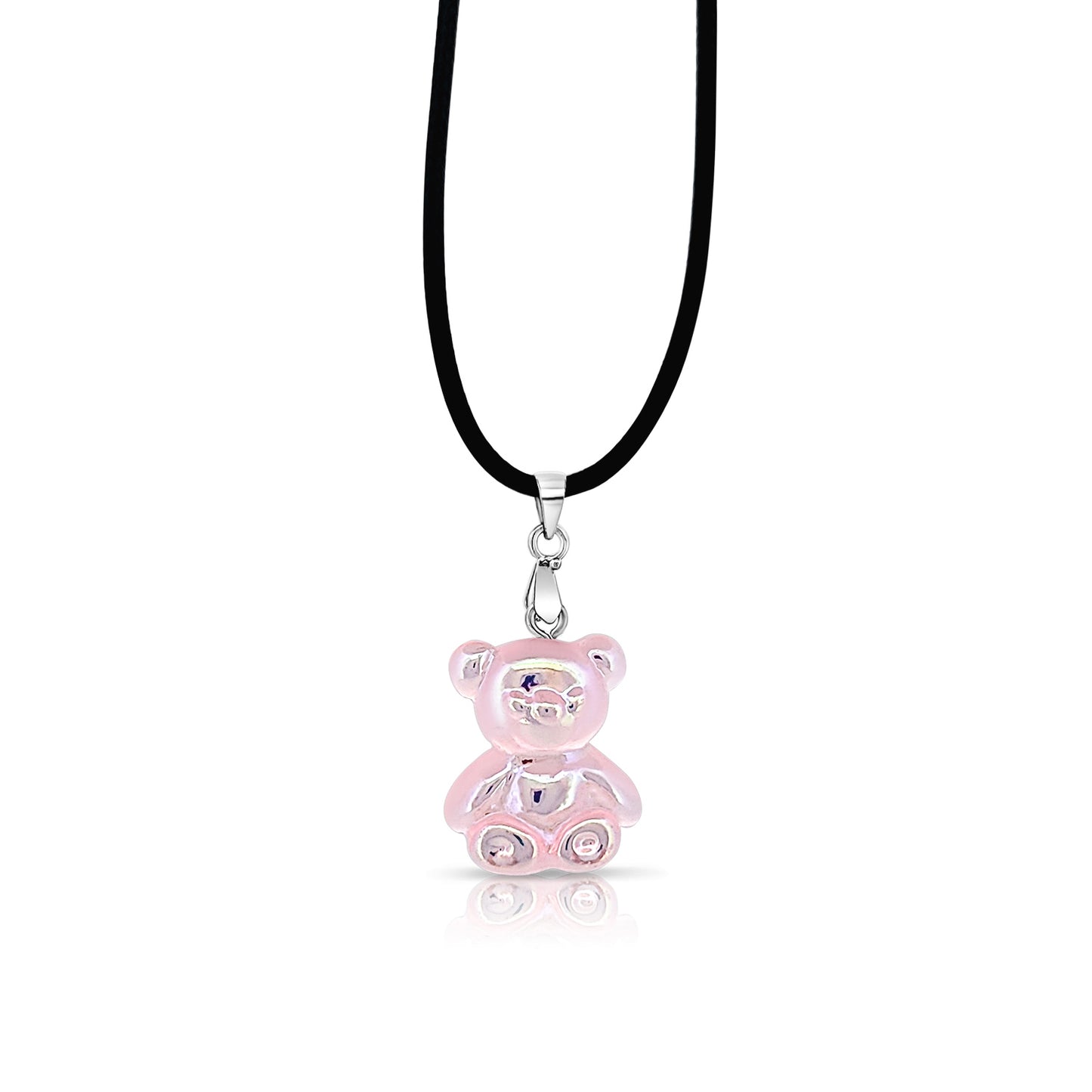 BESHEEK Silvertone and Pink Resin Gummy Bear Pendant Necklace | Hypoallergenic Boho Kitchsy Artistic Funky Cute Style Fashion Necklace