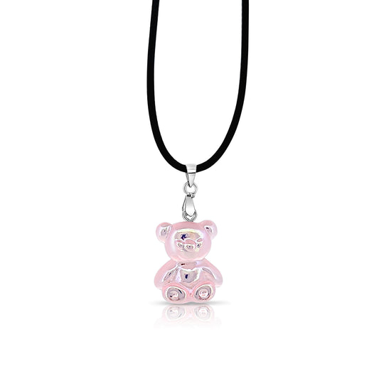 BESHEEK Silvertone and Pink Resin Gummy Bear Pendant Necklace | Hypoallergenic Boho Kitchsy Artistic Funky Cute Style Fashion Necklace