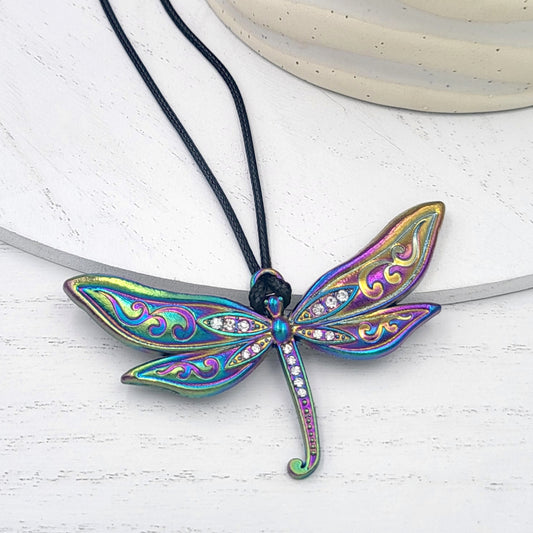 Rainbow Electroplate and Rhinestone Dragonfly Pendant Necklace