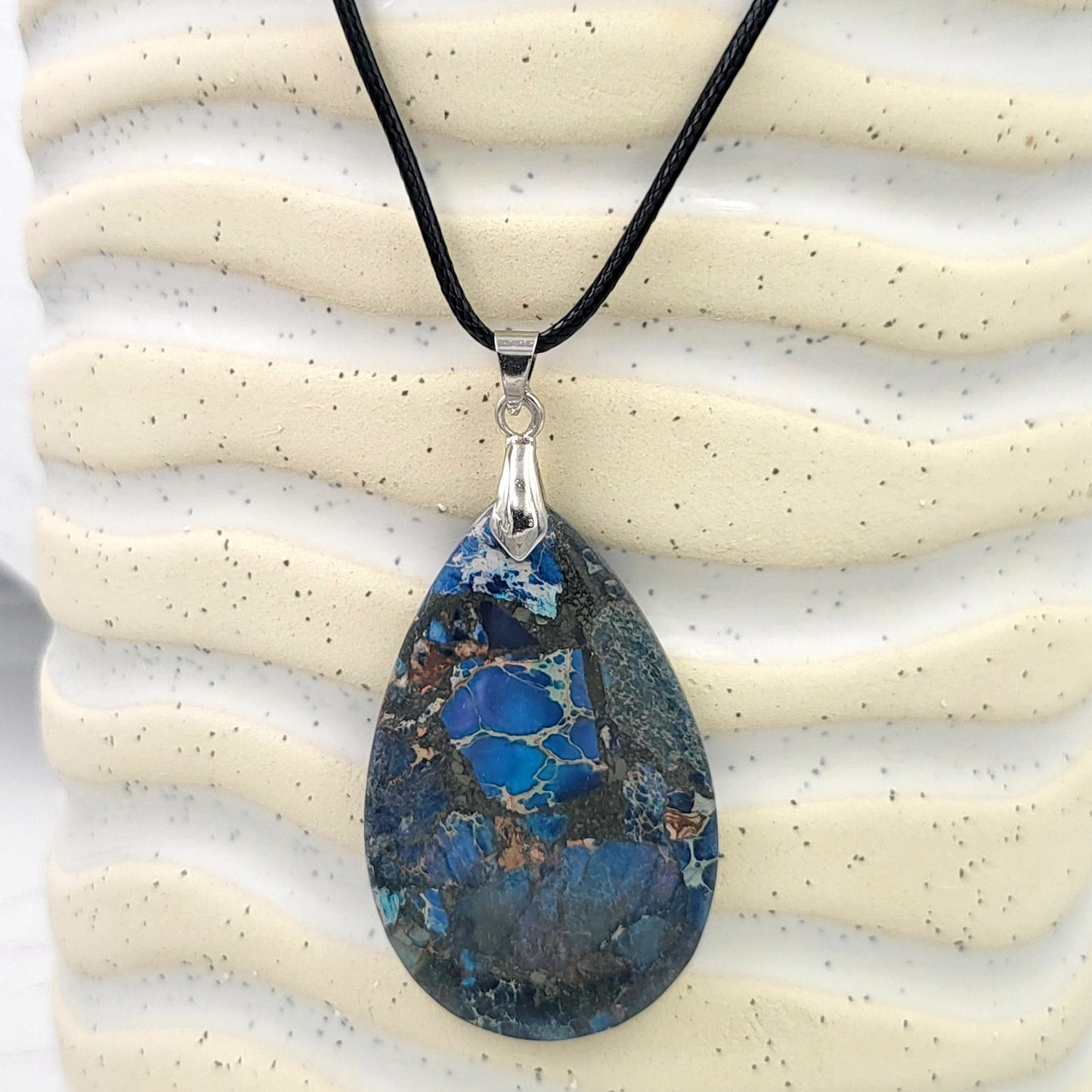 BESHEEK Royal Blue Sea Sediment Jasper Stone Teardrop Necklace Pendant | Handmade Hypoallergenic Boho Beach Gala Wedding Style Fashion Jewelry