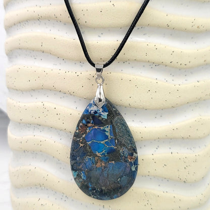 BESHEEK Royal Blue Sea Sediment Jasper Stone Teardrop Necklace Pendant | Handmade Hypoallergenic Boho Beach Gala Wedding Style Fashion Jewelry