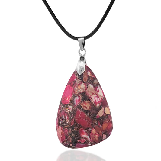 BESHEEK Fuscia Burgundy Sea Sediment Jasper Stone Trapezoid Necklace Pendant | Handmade Hypoallergenic Boho Beach Gala Wedding Style Fashion Jewelry