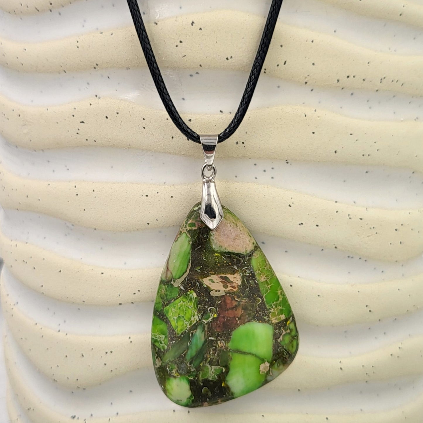 BESHEEK Green Sea Sediment Jasper Stone Trapezoid Necklace Pendant | Handmade Hypoallergenic Boho Beach Gala Wedding Style Fashion Jewelry