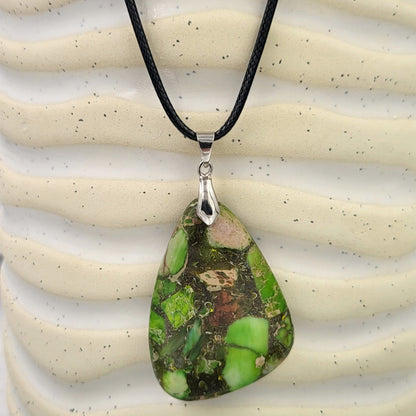 BESHEEK Green Sea Sediment Jasper Stone Trapezoid Necklace Pendant | Handmade Hypoallergenic Boho Beach Gala Wedding Style Fashion Jewelry