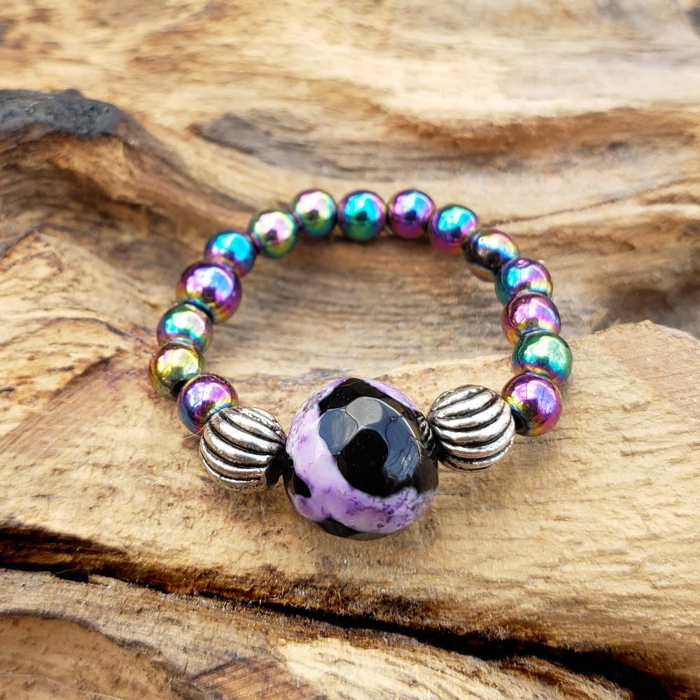 Rainbow Hematite and Purple Calsilica Agate Stretch Toe Ring
