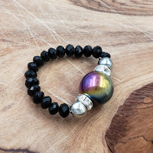 Rainbow Hematite and Jet Black Crystal Stretch Toe Ring