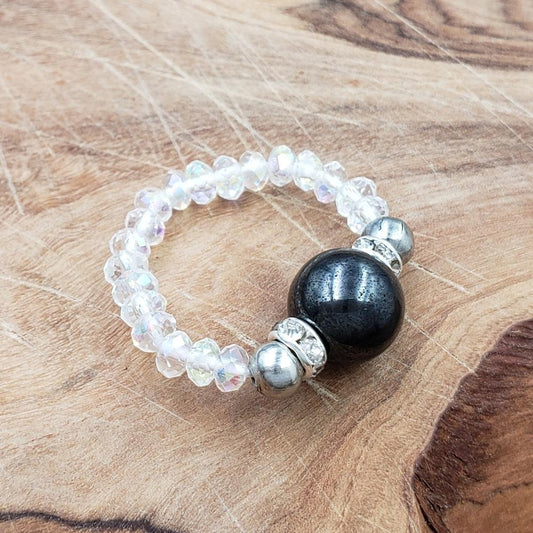 Hematite and Clear Crystal Stretch Toe Ring