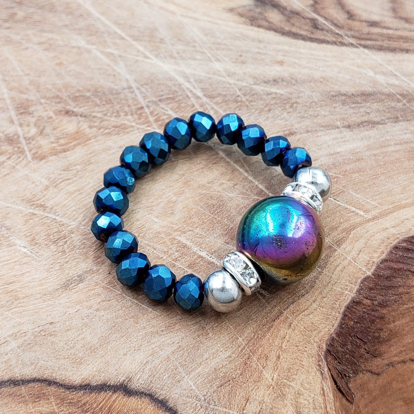 Rainbow Hematite and Luster Blue Crystal Stretch Toe Ring