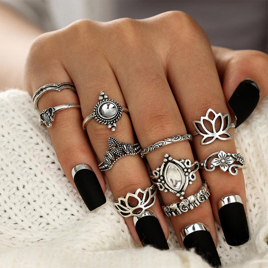 Oxidized Silvertone Lotus Rings (Set of 10)