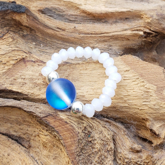 Blue Mermaid Glass and Milk Crystal Stretch Toe Ring