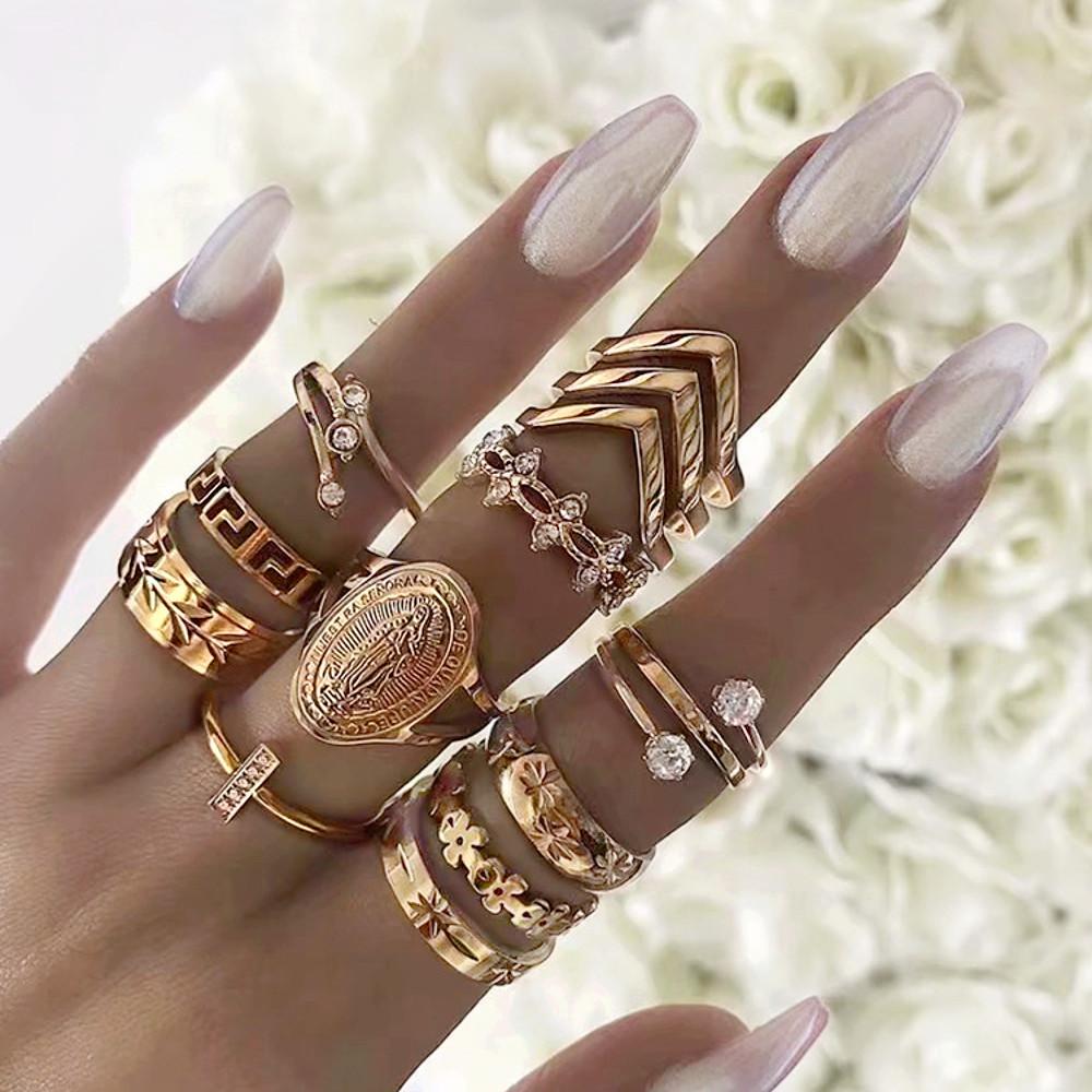 Cubic Zirconia & Goldtone Band Rings (Set of 11)