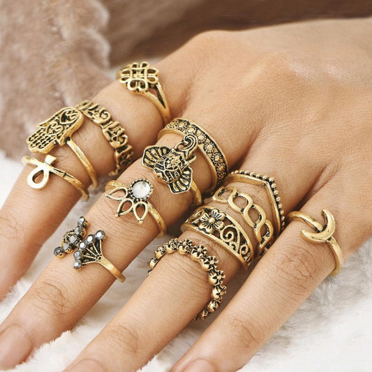 Goldtone Boho Rings (Set of 13)