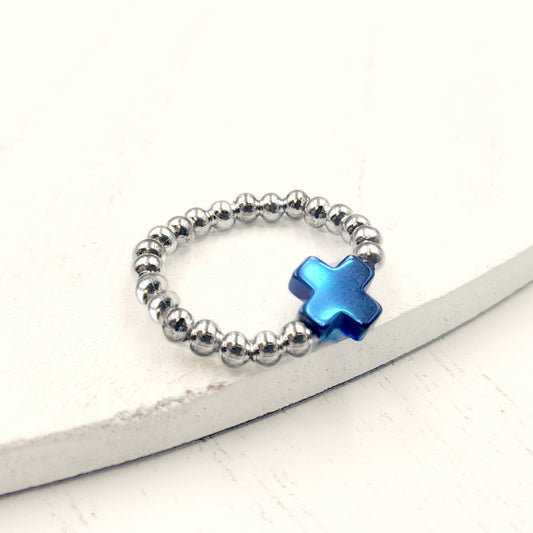 Electroplate Hematite Cross Beaded Stretch Rings. Blue