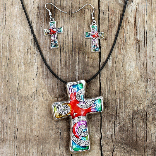 Silvertone Rainbow Mosaic Cross Necklace and Earring Set